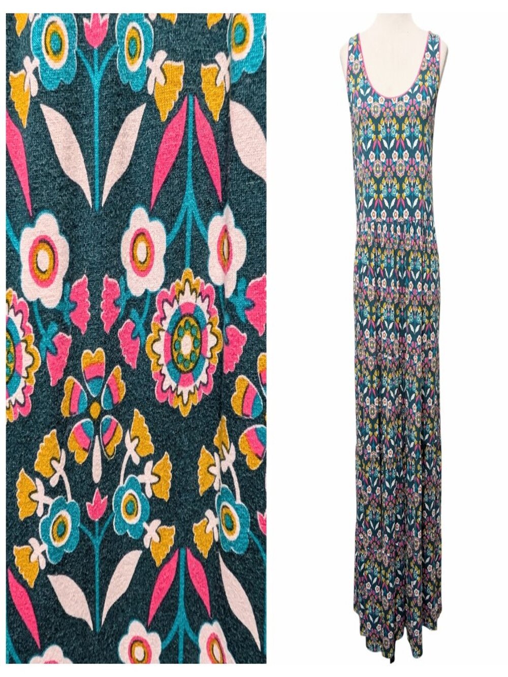 Boden Womens Size 12R Maya Green Pink Floral Jersey Sleeveless Tiered Maxi Dress